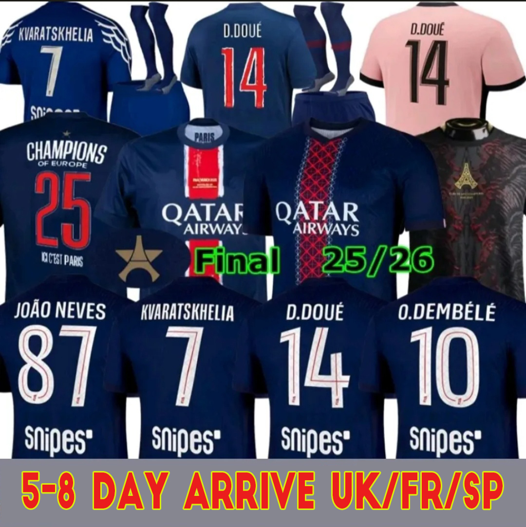 25 26 D.DOUE KVARATSKHELIA Maillot de Foot Joao Neves 4TH Jerseys Marquinhos O.Dembele Barcola Asensio Hakimi Ugarte Futebol camisa 2025 2026 Hommes Enfants Men Kit