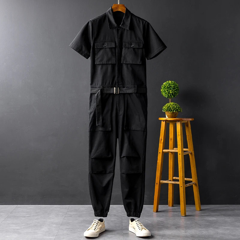 Summer Overalls Men Jumpsuit Cotton Lapel Short Sleeves Hip Hop Street wear Black Yellow Pants Loose Leisure Trousers rompers 250725