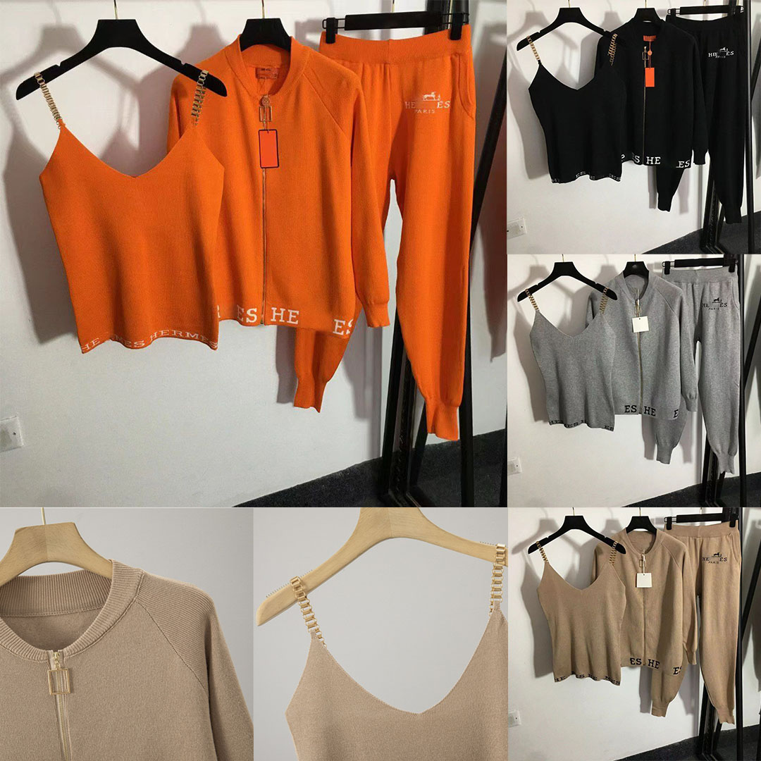 Women's Tracksuits Designer Womens Three Pieces Set Luxury Design Knittd Zipper Coat Elegant Cardigan Sexy Vest Elastic Waist Pants Female