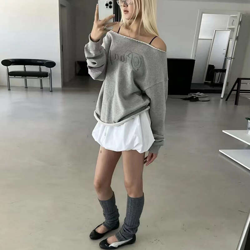INS Style 2024 Autumn New Women's Solid Color Loose Street Fashion Asymmetrical Neck Long Sleeve Top 504