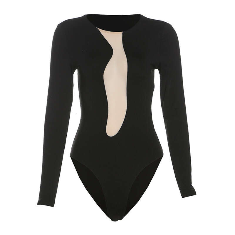 2024 Autumn New Women's Solid Slim Fit Street Fashion Round Neck Long Sleeve Color Block Jumpsuit bd9