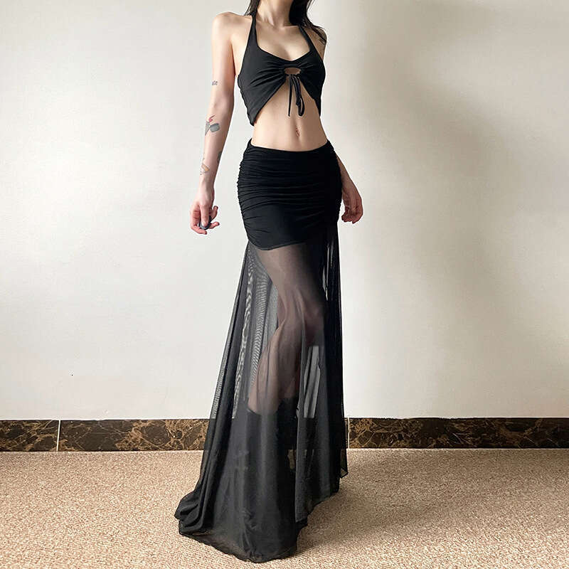 2024 Summer New Women's Solid Color Slim Street Fashion High Waist Mesh Split Skirt b51