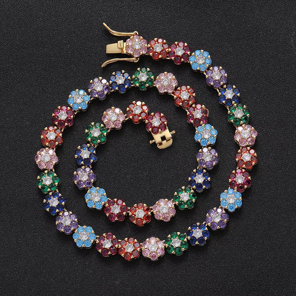 BC223 9mm Colorful CZ Chain Women Necklace Fashion Jewelry Flower Shape Bright Color Tennis Chain Necklace