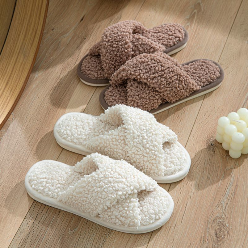 Ins Style Furry Cross Strap Home Comfortable Plush Cotton Slippers for Women