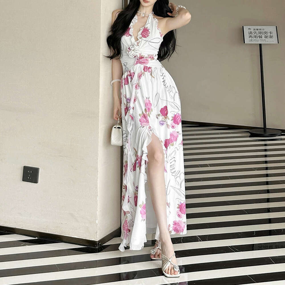 2025 Summer New Sexy Printed Slit Sleeveless Waist-Cinching Slimming Halter Deep V Dress for Women c14