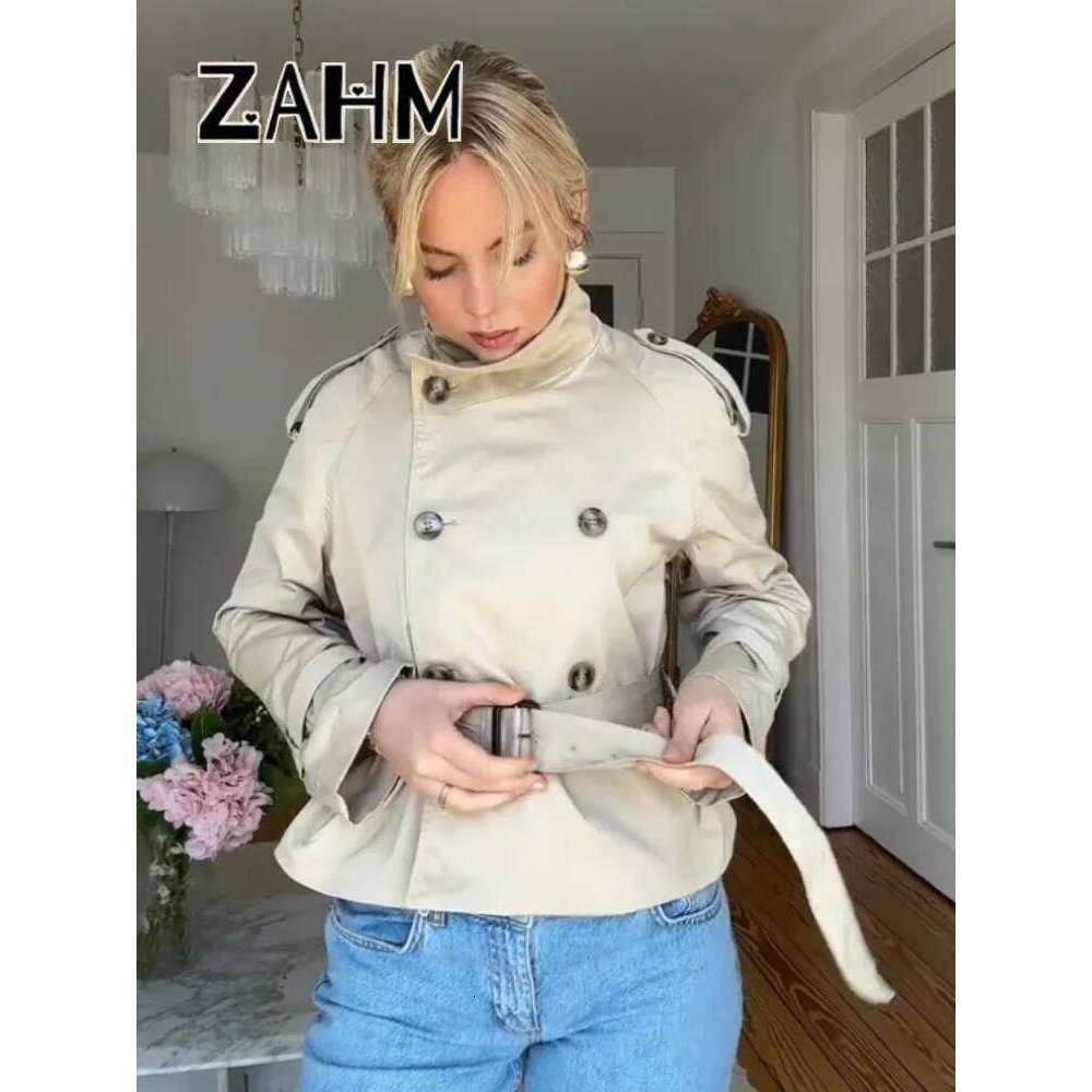 Fashion Women's Short Belt Jackets Long Sleeve Stand Collar Double Breasted Female Coat 2025 Autumn Lady Solid Outwear