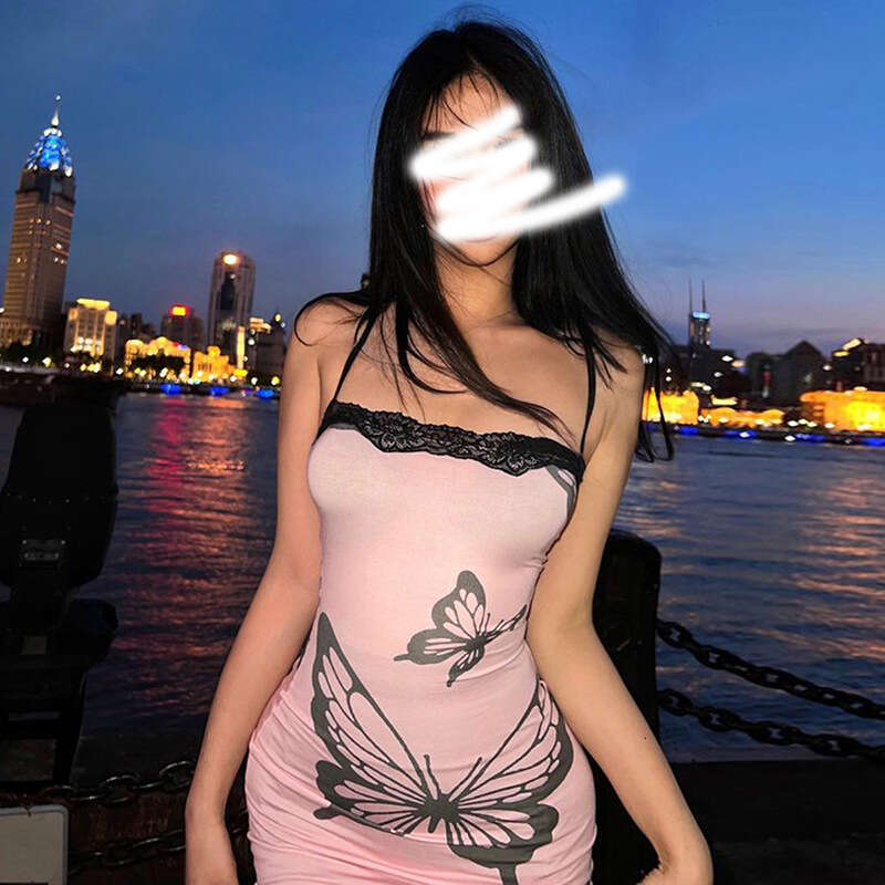 2024 Summer New Fashion Butterfly Print Sexy Strap High Waist Bodycon Dress 707