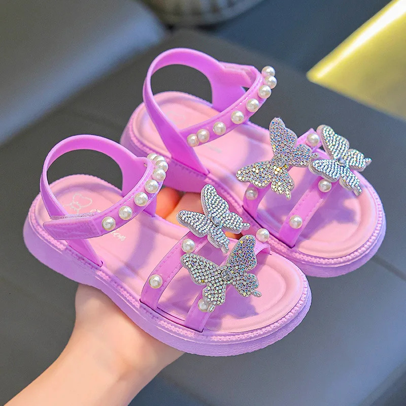 Kidssandals PU Leather Sequin Peep Toe Summer Outdoor Flat Shoes for Girls Breathable Antislip White Purple Pink Size 2536 250725