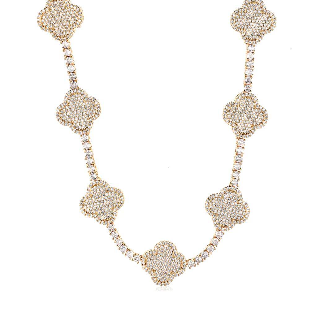 New Style Gold Silver Micro Pave Shiny Zircon Tennis Chain for Women Iced Out Diamond Four-leaf Clover Tennis Chain Necklace