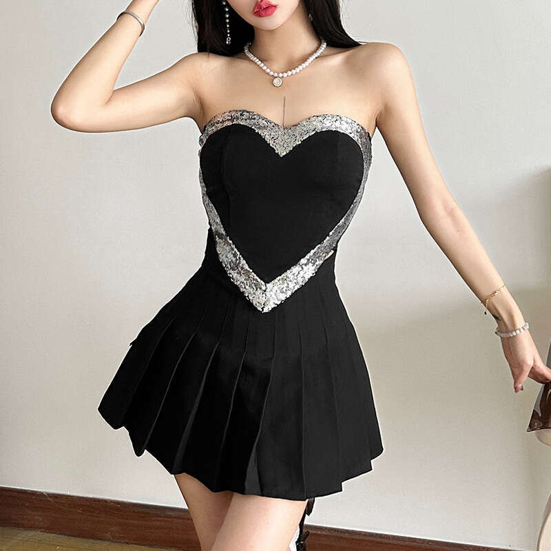 2025 Summer New Sexy Hot Girl Off-Shoulder Tube Slim Fit Sleeveless Versatile Pure Desire Women's Top 444