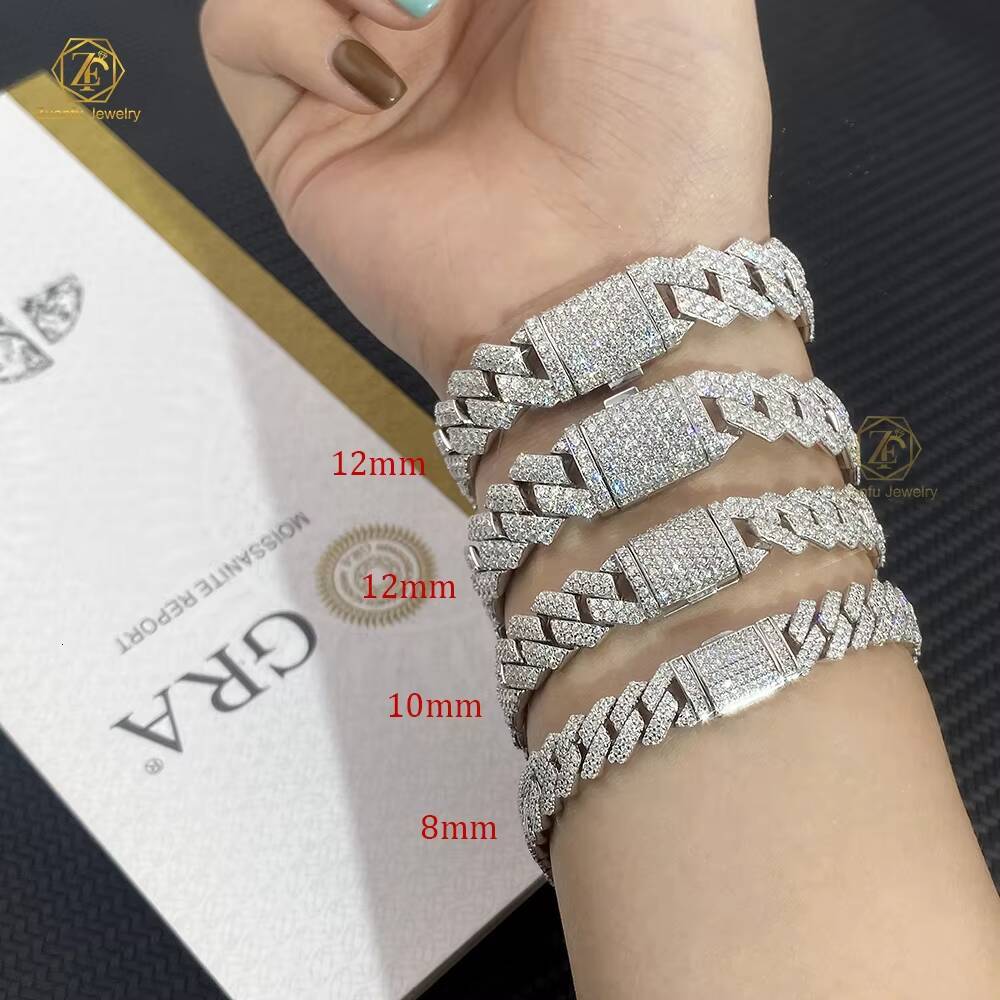 Wholesale Custom 8 10 12 mm 925 Sterling Silver Hiphop Jewelry Iced Out Diamond Moissanite Mossanite Cuban Bracelet