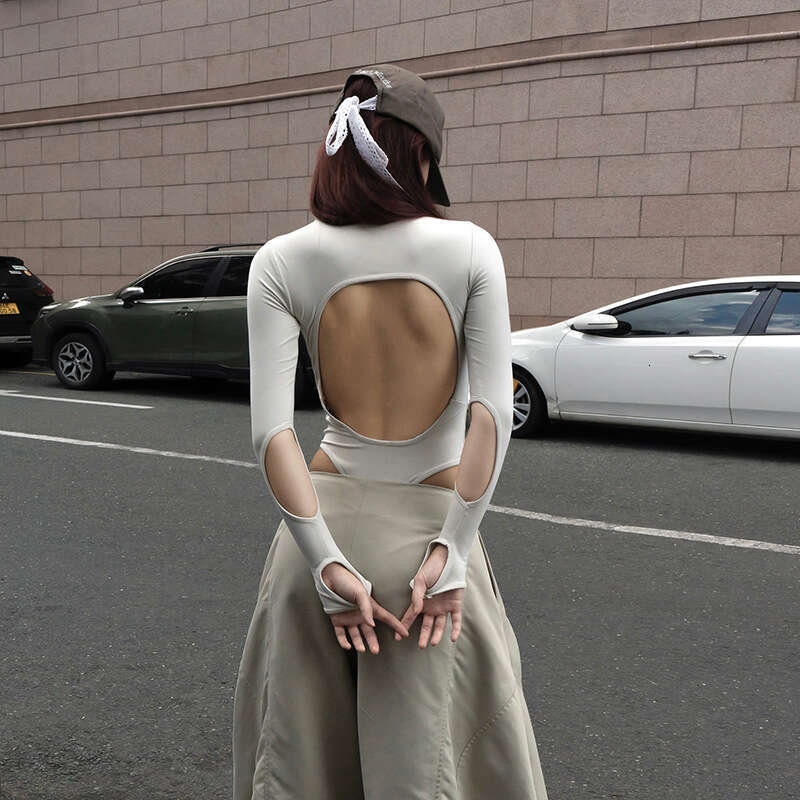 2024 Autumn New Women's Solid Color Sexy Long Sleeve Round Neck Slim Backless T-Shirt 3bc