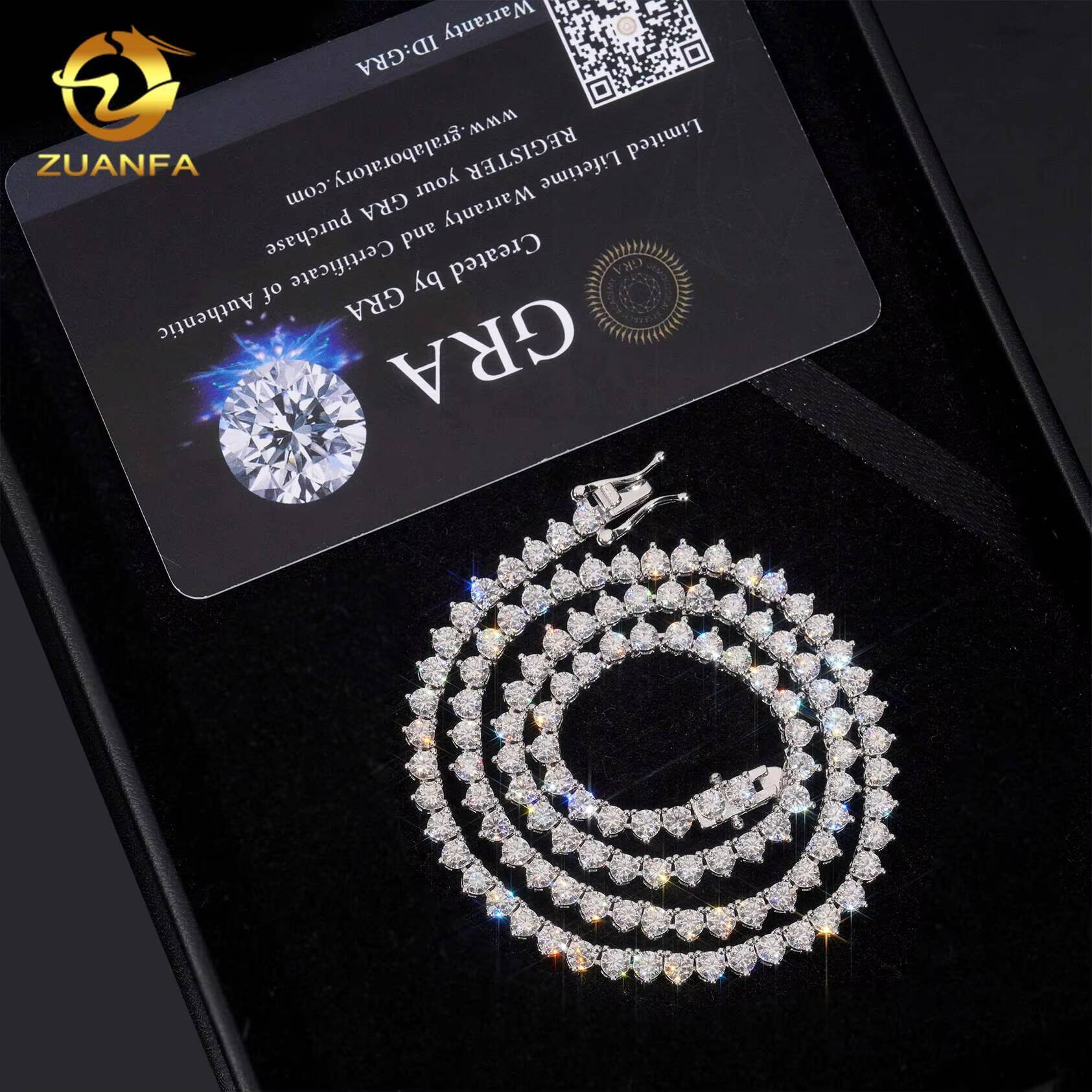 RTS Three Prong 3mm Necklace Silver 925 Vvs Moissanite Hip Hop Iced Out Fine Jewelry Tennis Chain