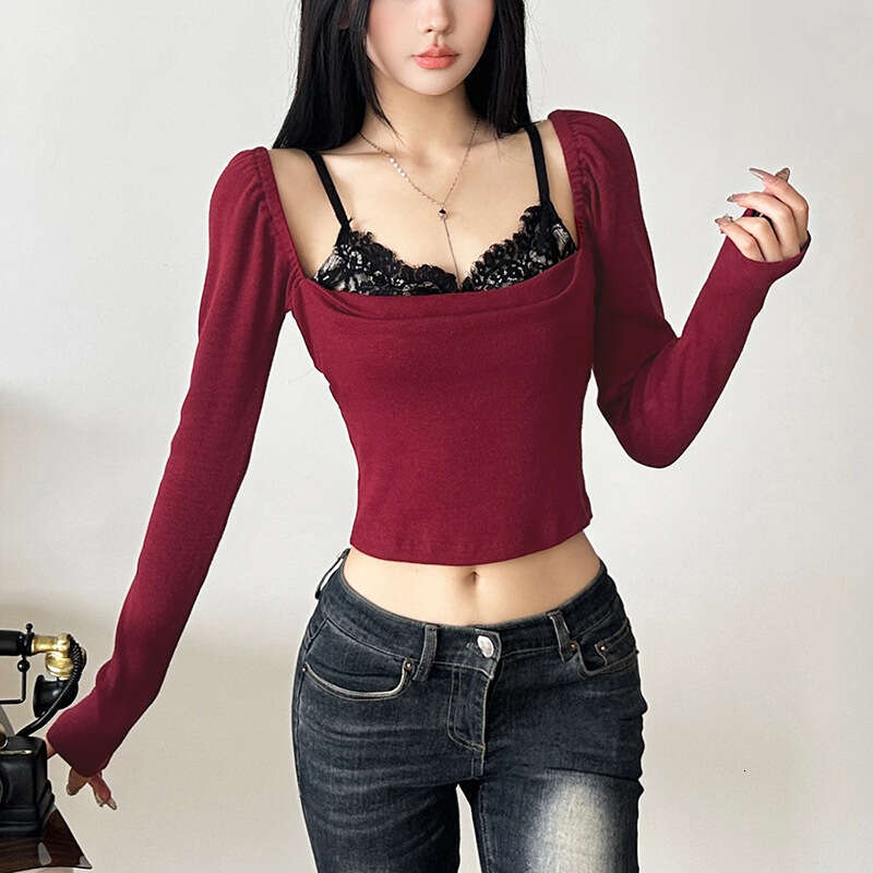 Women's Clothing 2024 Autumn Winter New Fashion Sexy Long Sleeve Square Neck Slim Fit T-Shirt 0d6