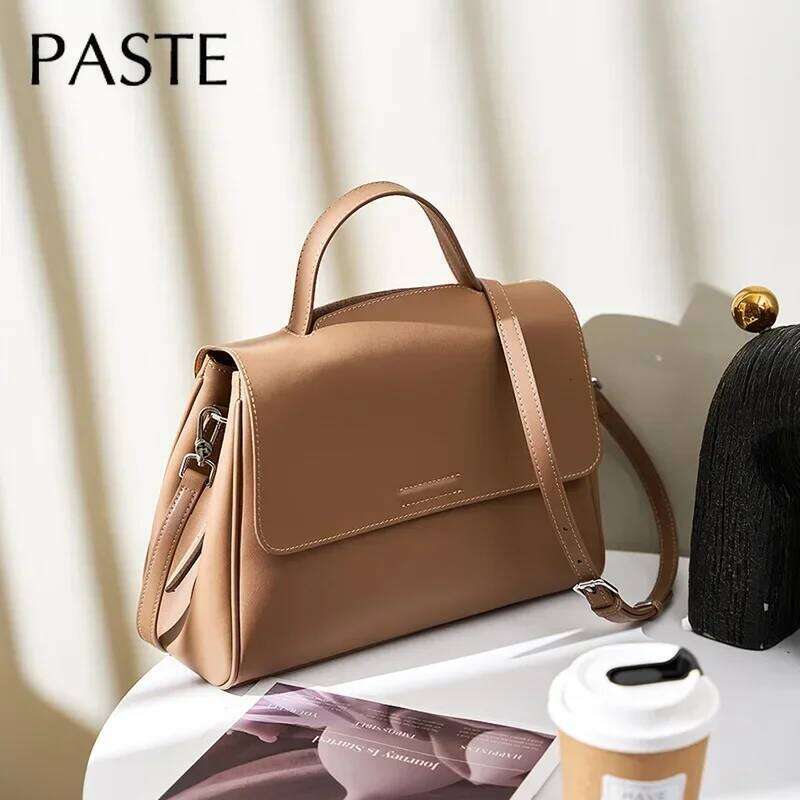 Fashion Large Camel Beige Solid Color Tote Second Layer Split Cow Leather Women's Handbag All-Match Daily-Use Shoulder Bag