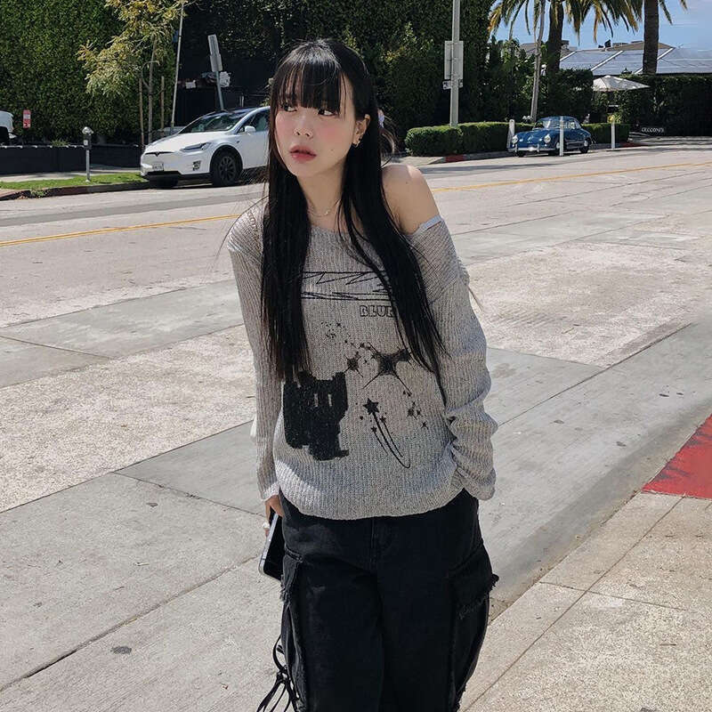 INS2024 Summer New Women's Solid Color Loose Street Fashion Asymmetrical Neck Long Sleeve Top b58