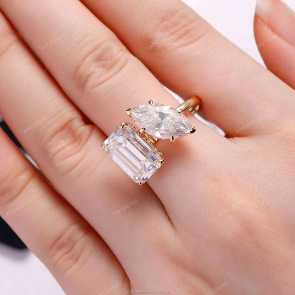 XingGuan Two Stone Toi Et Moi 2.00 CTW Emerald & Marquise Cut Moissanite Yellow Gold D/VVS1 Ring Woman