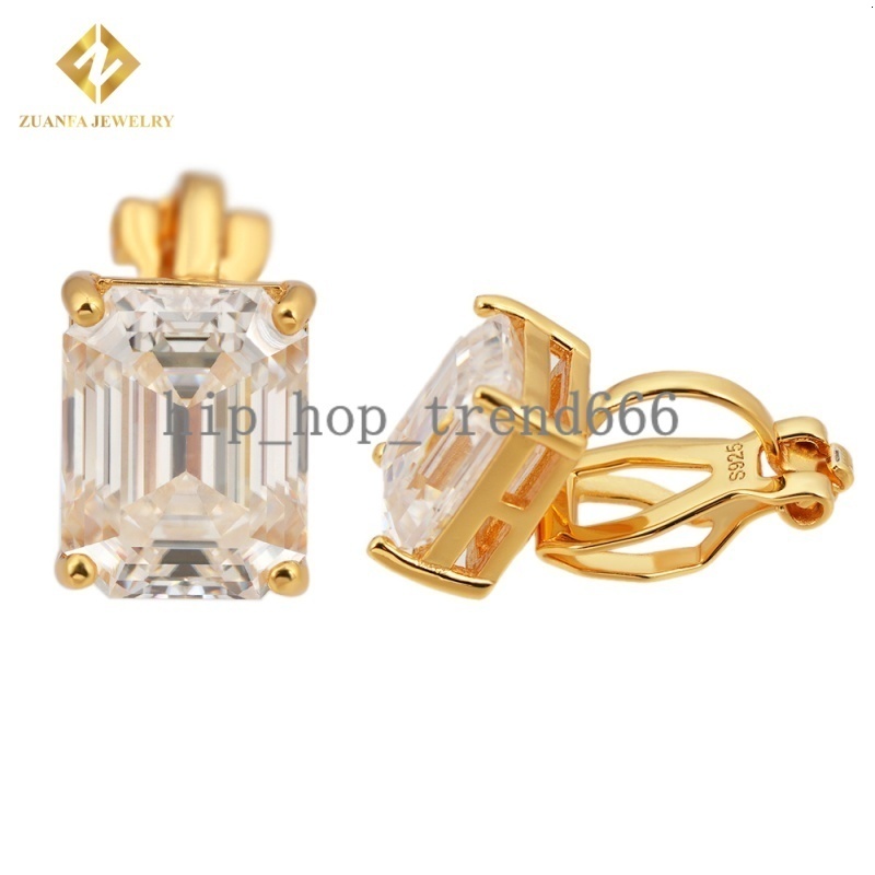 Ready to Ship 925 Sterling Silver Clip-on Mens Earring Gold Plated Iced Out VVS Diamond Emerald Moissanite Drop Earrings