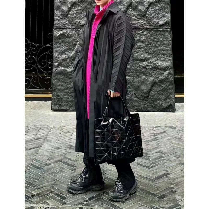 Miyake Pleated Mens Trench Coat Spring Summer Casual Fold Jacket Solid Personality Original Long Pleat Jacket 250714