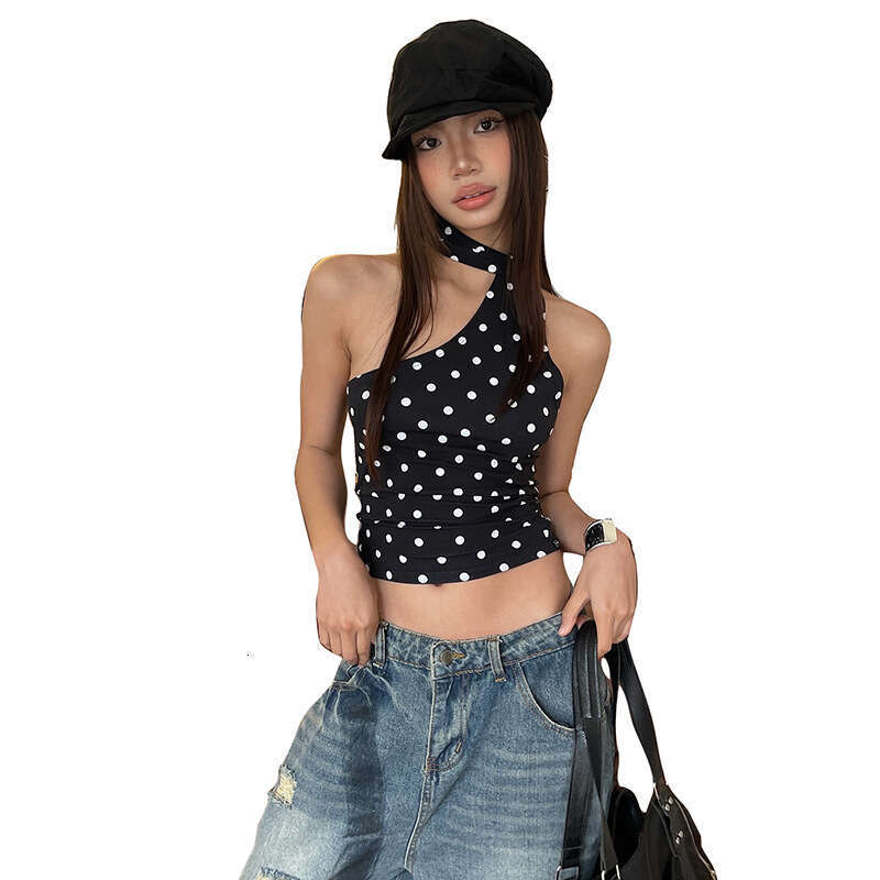 2025 Summer New Elegant Slim Fit Backless Slimming Halter Neck Polka Dot Print Versatile Women's Top d82