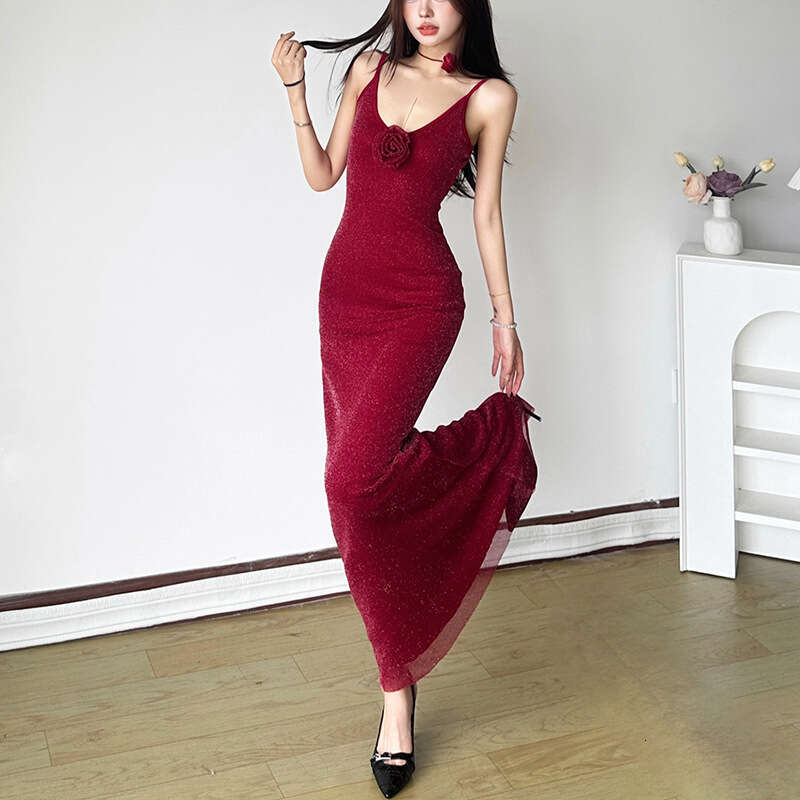 2024 Autumn New Women's Solid Color Slim High Waist Fashion U-Neck Strap Backless Dress 3c9