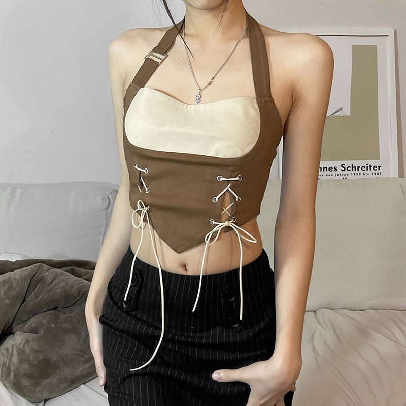 Trendy 2022 Spring New Women's Sexy Slim Fit Fashion Color-Block Halter Neck Tank Top 541