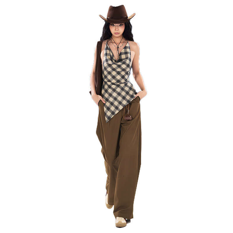 2025 Summer New Style Personality Plaid Hot Girl Sexy Lace-Up Halter Slim Fit Elegant Versatile Women's Clothing c1e