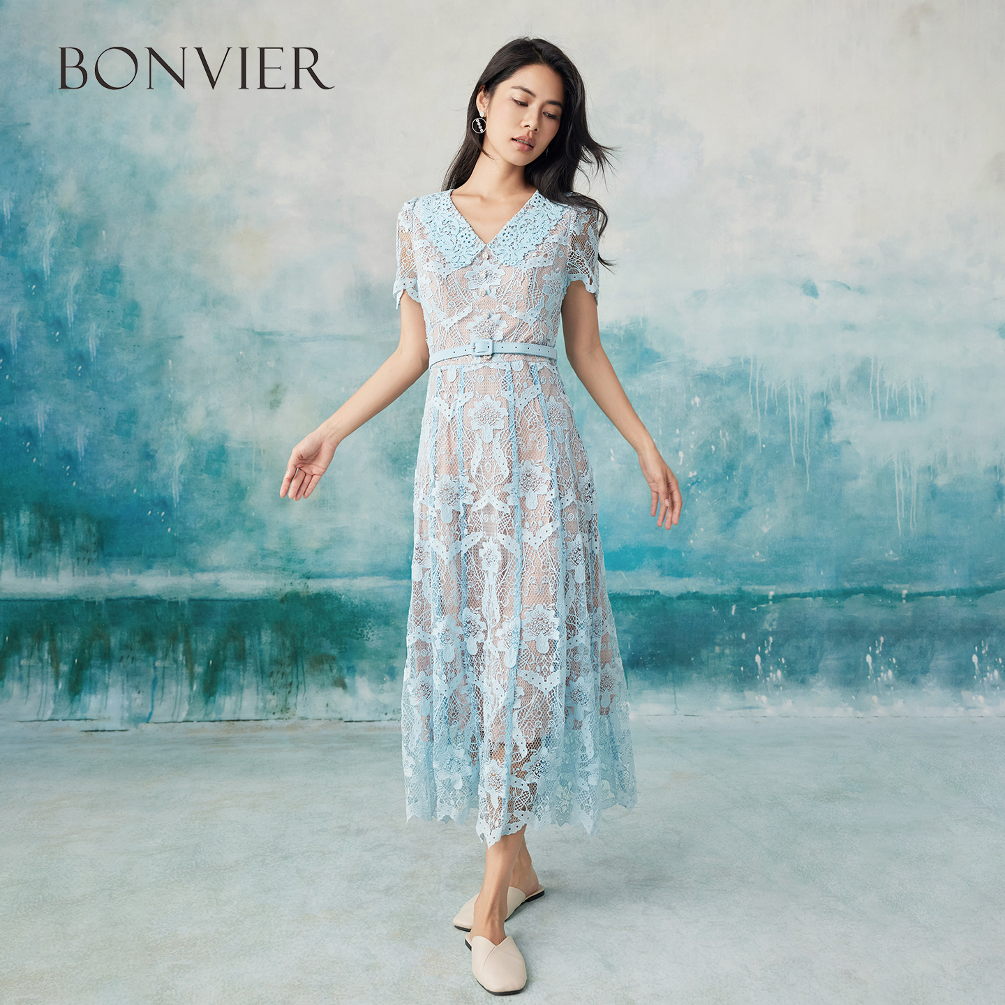 2025 Summer New High Waist Water-soluble Lace A-line Skirt Sky Blue French Senior Midi Skirt 6116470