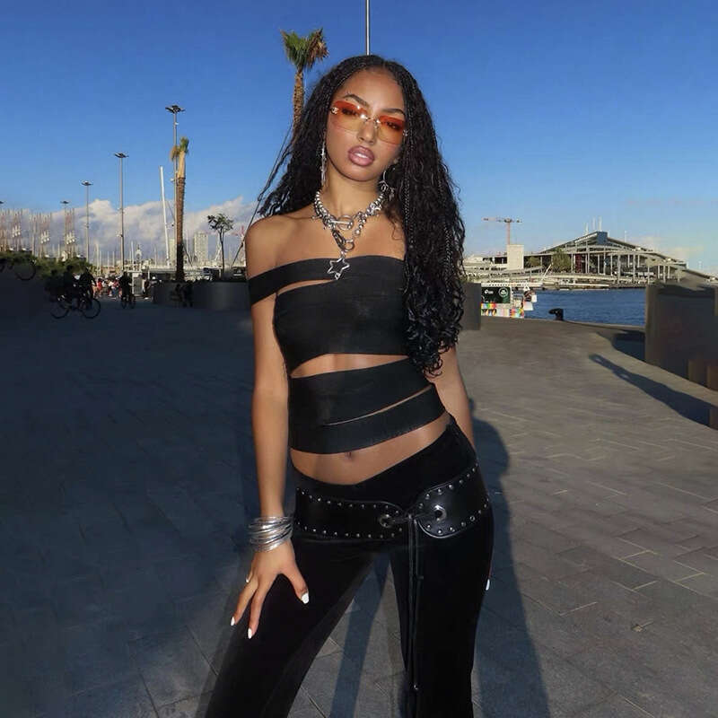 2025 Spring New Women's Fashion Solid Color Slim Fit Street Style Asymmetric Neck Strap Backless Vest 05a