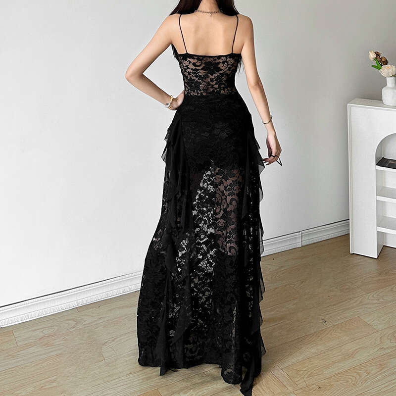 2024 Summer New Women's Solid Color Slim Fit High Waist Fashion V-neck Spaghetti Strap Sheer Dress 588