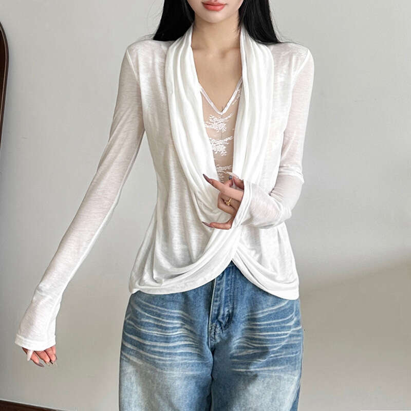 2024 Autumn Winter New Women's Solid Color Slim Street Fashion V-Neck Long Sleeve Sheer Top 17e