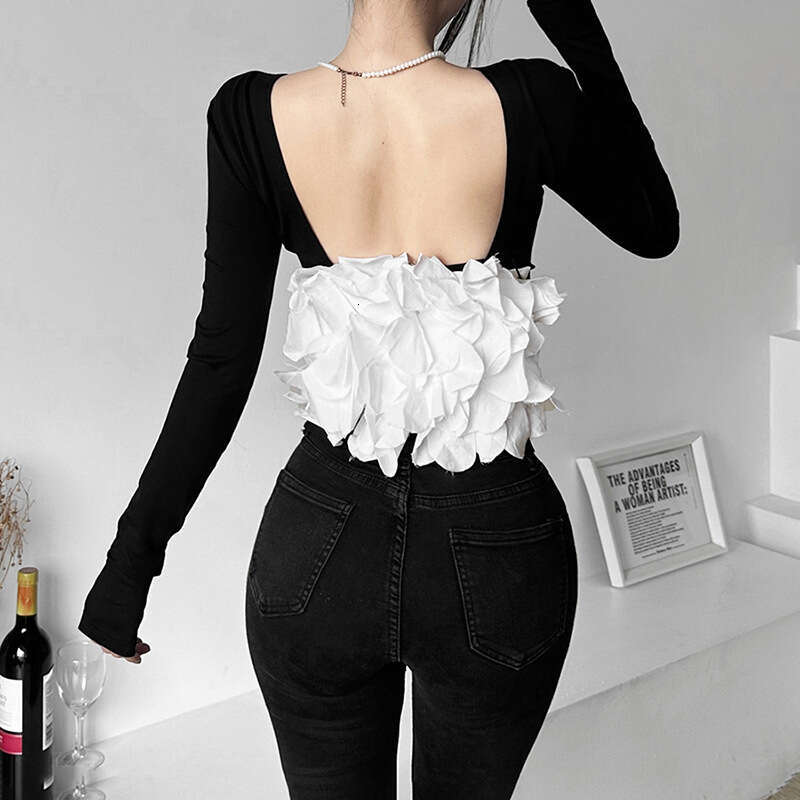 2023 Summer New Women's Fashion Solid Color Slim Fit Round Neck Sexy Backless Long Sleeve T-Shirt 235