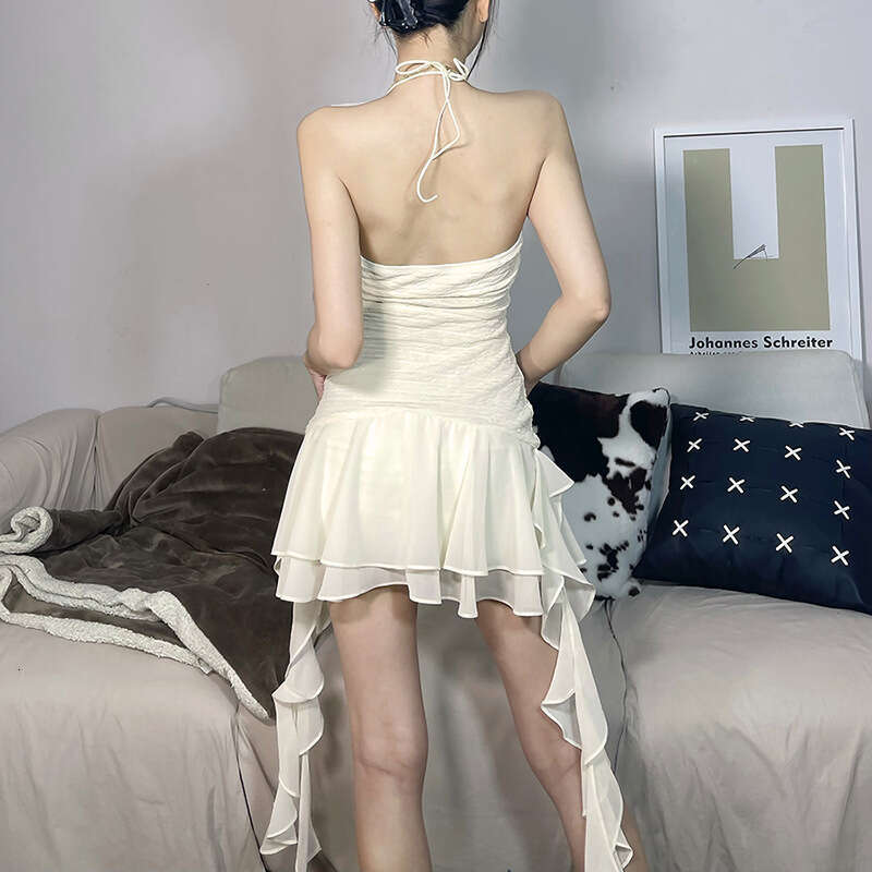 2022 Spring New Women's Solid Color Slim High Waist Fashion Halter Sexy Backless Dress 3a7