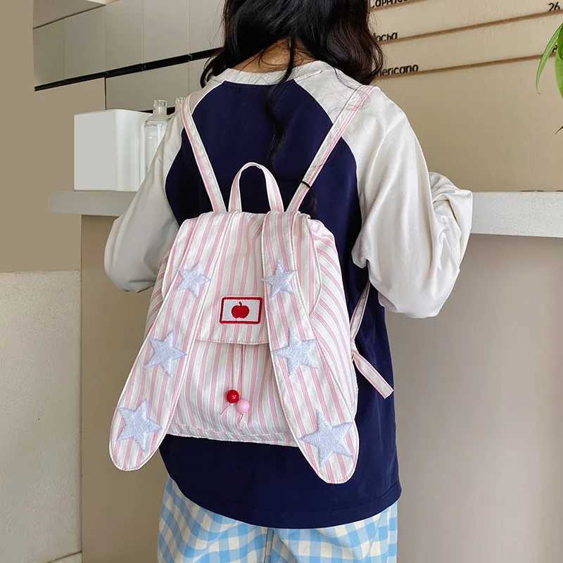 Ladies Backpack Striped Stars Sweet Cute Japanese Kaii JK Preppy Style Large Capacity Waterproof Schoolbags For Students Y250724