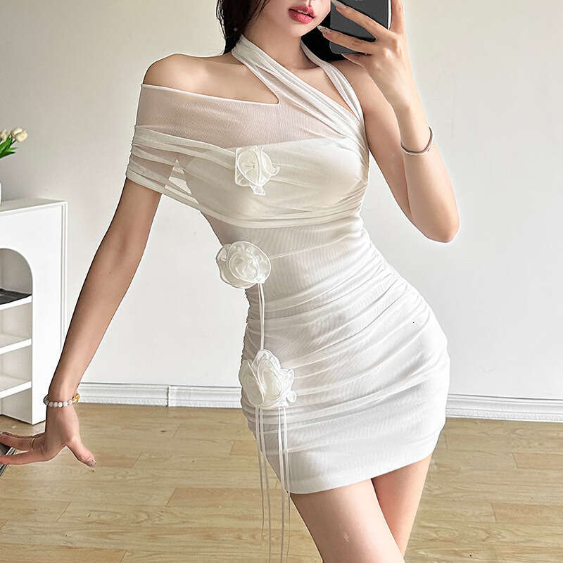 2024 Summer New Women's Solid Color Sexy Asymmetrical Neck Mesh High Waist Bodycon Dress 55a