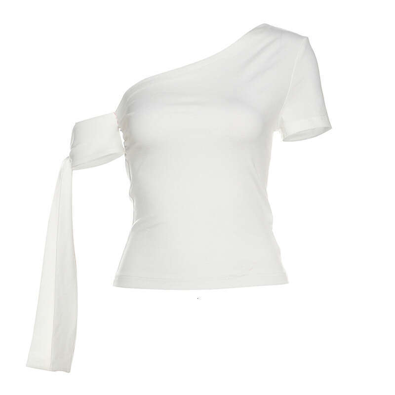 2025 Women's Summer New Solid Color Sexy Asymmetrical Neck Slim Fit Short Sleeve T-Shirt for Women ed2