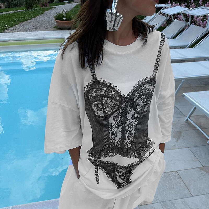 Y23tp318 Women's Summer New Color-Block Lace Bra Printed Round Neck Short Sleeve Loose Top T-Shirt B5