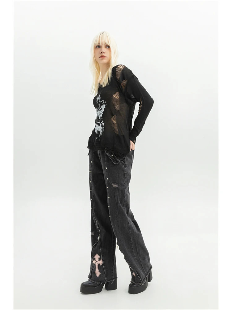 Women Clothing Black Gothic Jeans 90s Aesthetic Y2k Oversize Denim Trousers Vintage Harajuku Korean Emo 2000s Trashy Jean Pants 250717