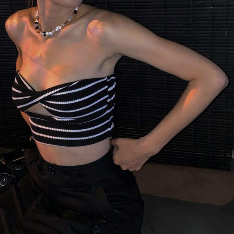 2022 Summer New Women's Street Fashion Striped Sexy Hollow Out Crop Top 2a7