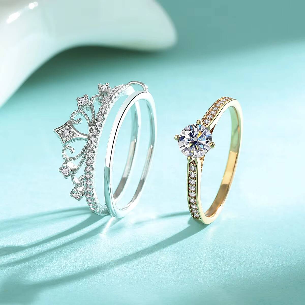 S925 Sterling Silver Fashionable Charm Moissanite Rose Color Separated Lace Hollow Double-layer Ring