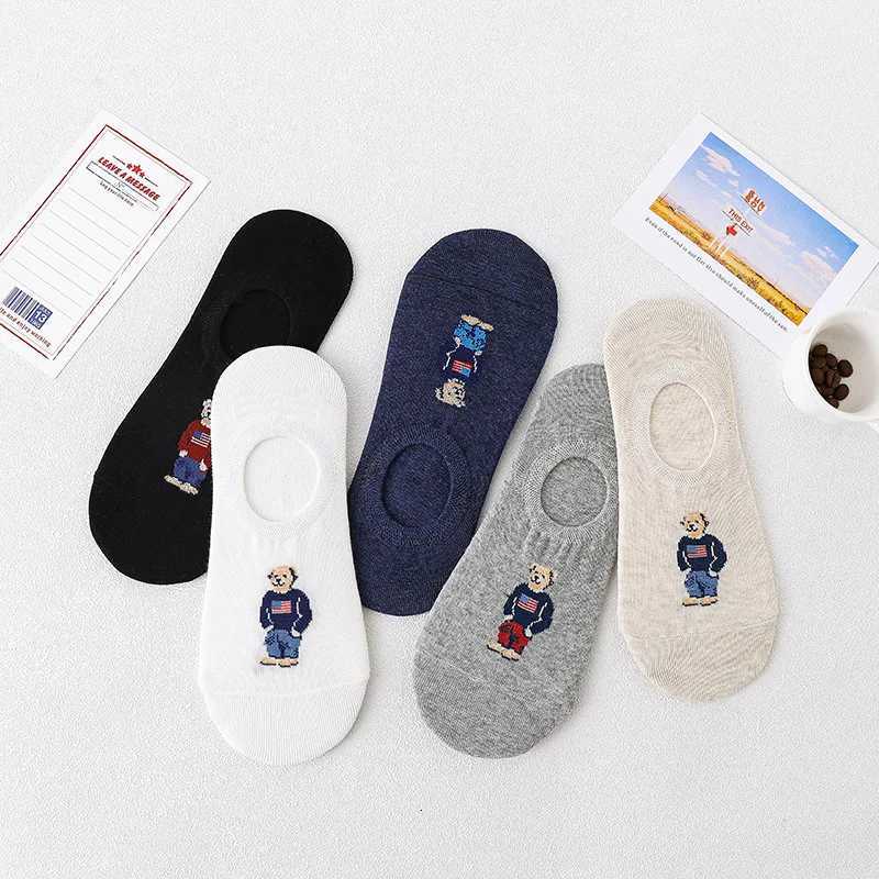5 Pairs Unisex Men Socks 5 Colors Summer New Cartoon Bear Cotton Boat Socks Light Comfortable Sweat-absorbent Invisible Socks X250725