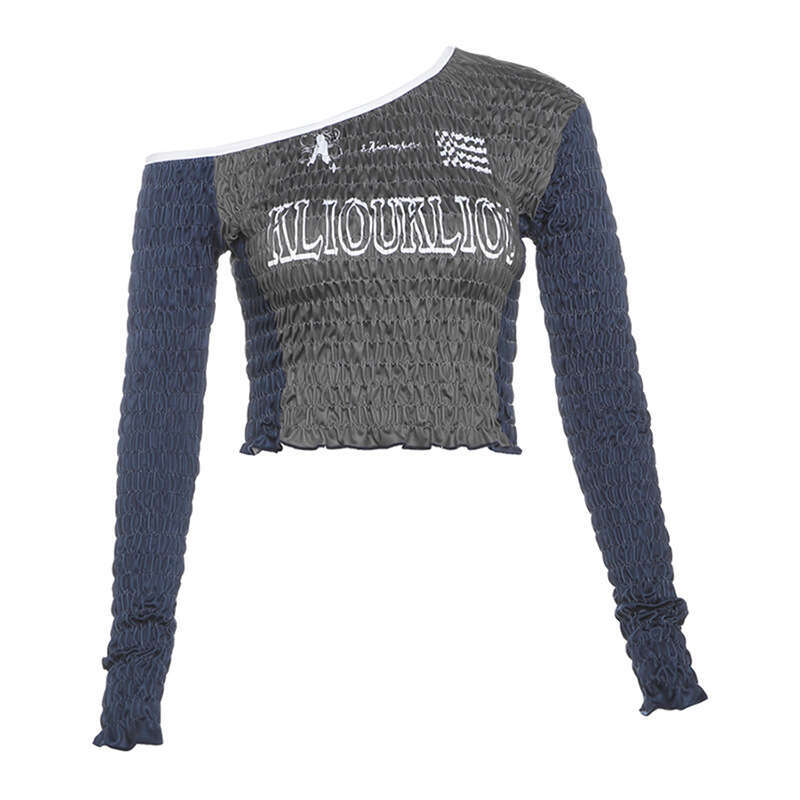 2024 Autumn New Women's Street Fashion Long Sleeve Asymmetrical Neck Slim Fit Crop Top T-Shirt 12b