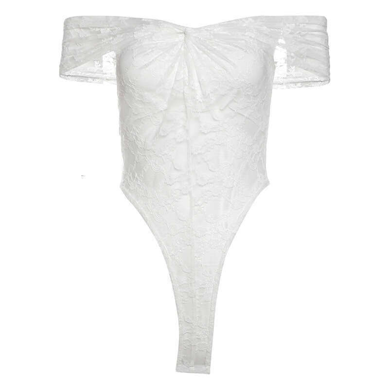 2025 Spring New Women's Solid Color Slim Fit Fashion Off-Shoulder Lace Mesh Jumpsuit 8af