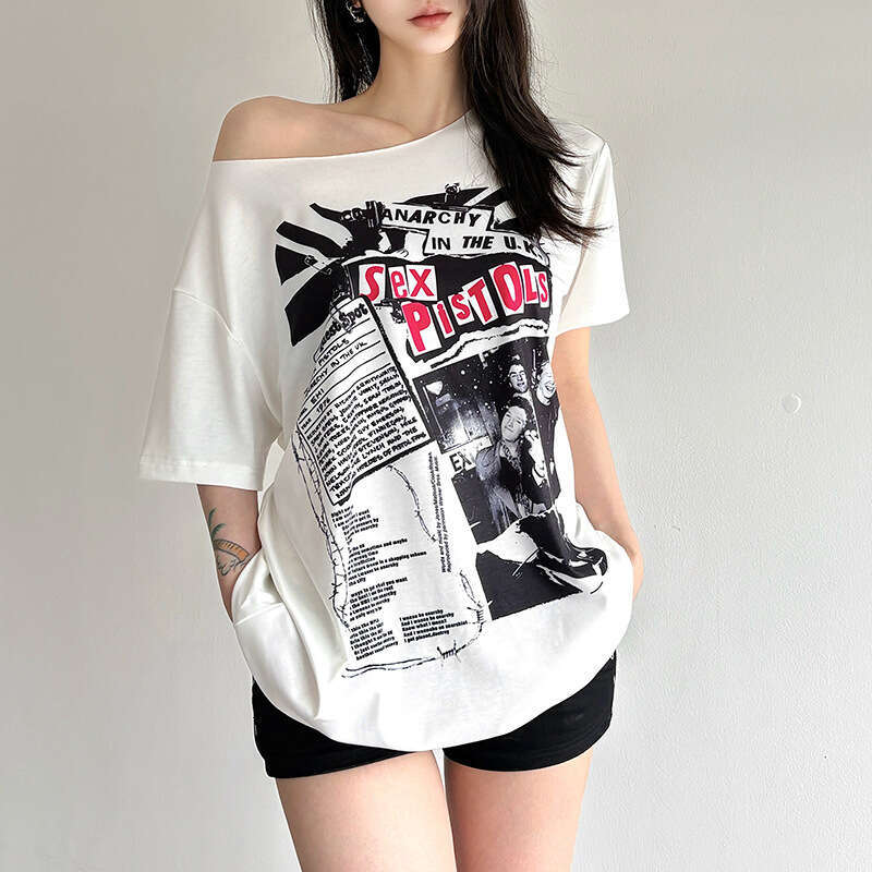 2025 Summer INS Style New Trendy Asymmetrical Shoulder Letter Print Loose Versatile T-Shirt Top 9ea