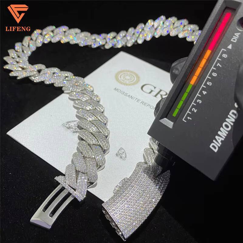 Full Iced out D Color VVS Moissanite Cuban Link Chain Necklace 925 Silver Hip Hop with Gold Plating Bling round Diamond