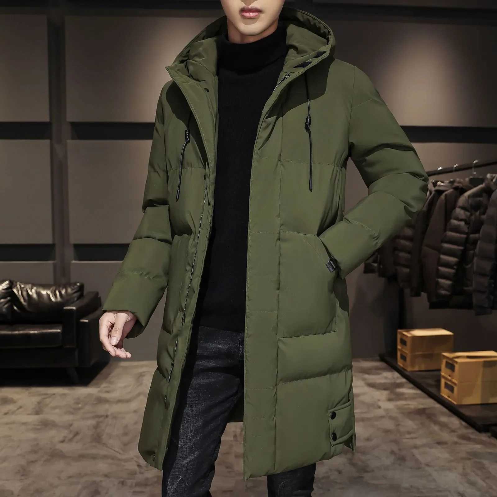 Male Autumn and Winter Mid Length Coat Long Sleeve Hooded Solid Color Pockets Warm and Windproof Jacket Men Sweaters Coats X250725