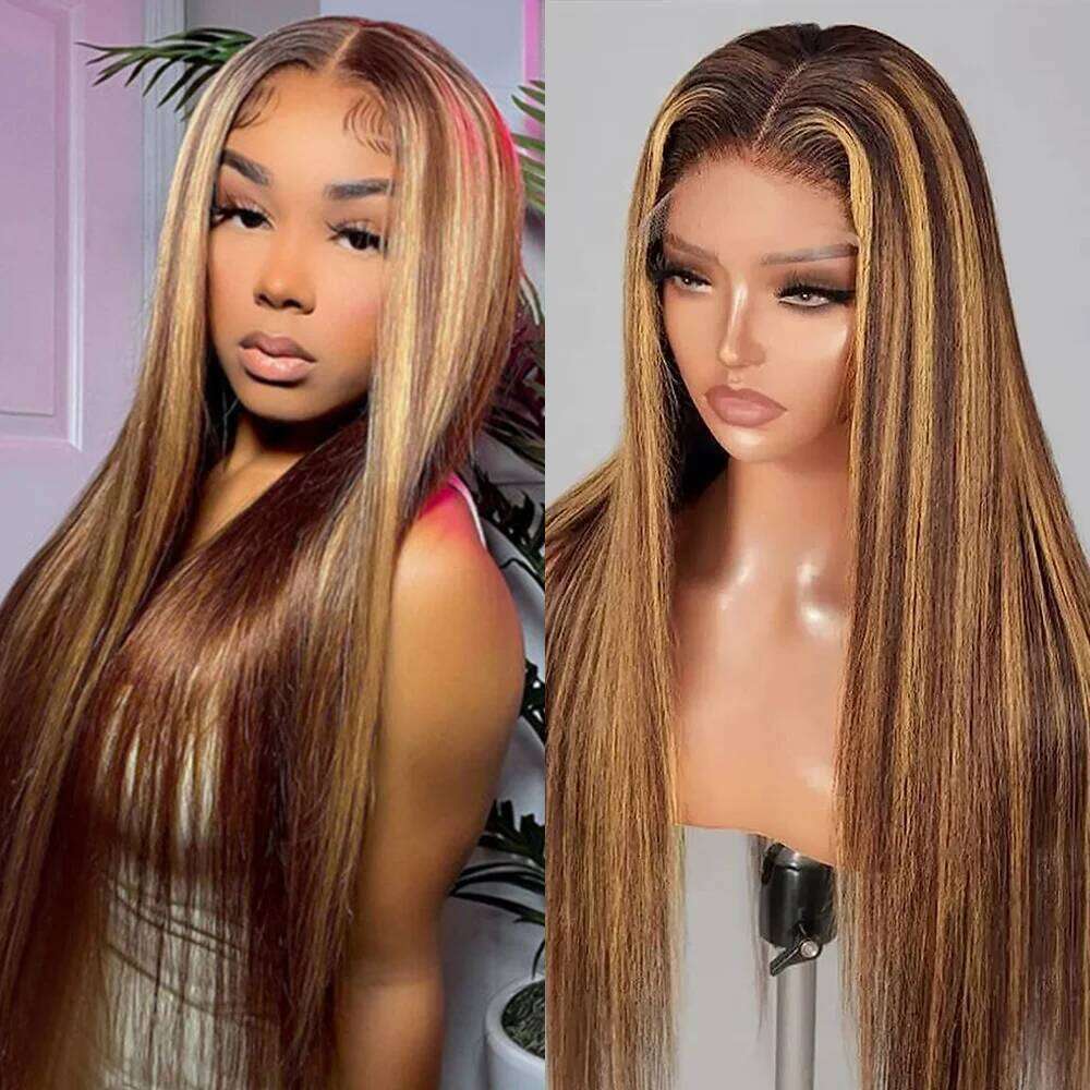 250 Density 13X6 Highlight Ombre Front Wig 4/27 Honey Blonde Human Hair Bone Straight Lace Frontal Wigs For Women