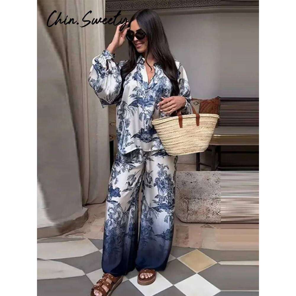 Designer Leisure High Quality Vintage Tie Dye Print Shirt Pants Women Set Long Lantern Sleeve Button Shirts Empire Pleated Pant 2025 Spring Summer Lad