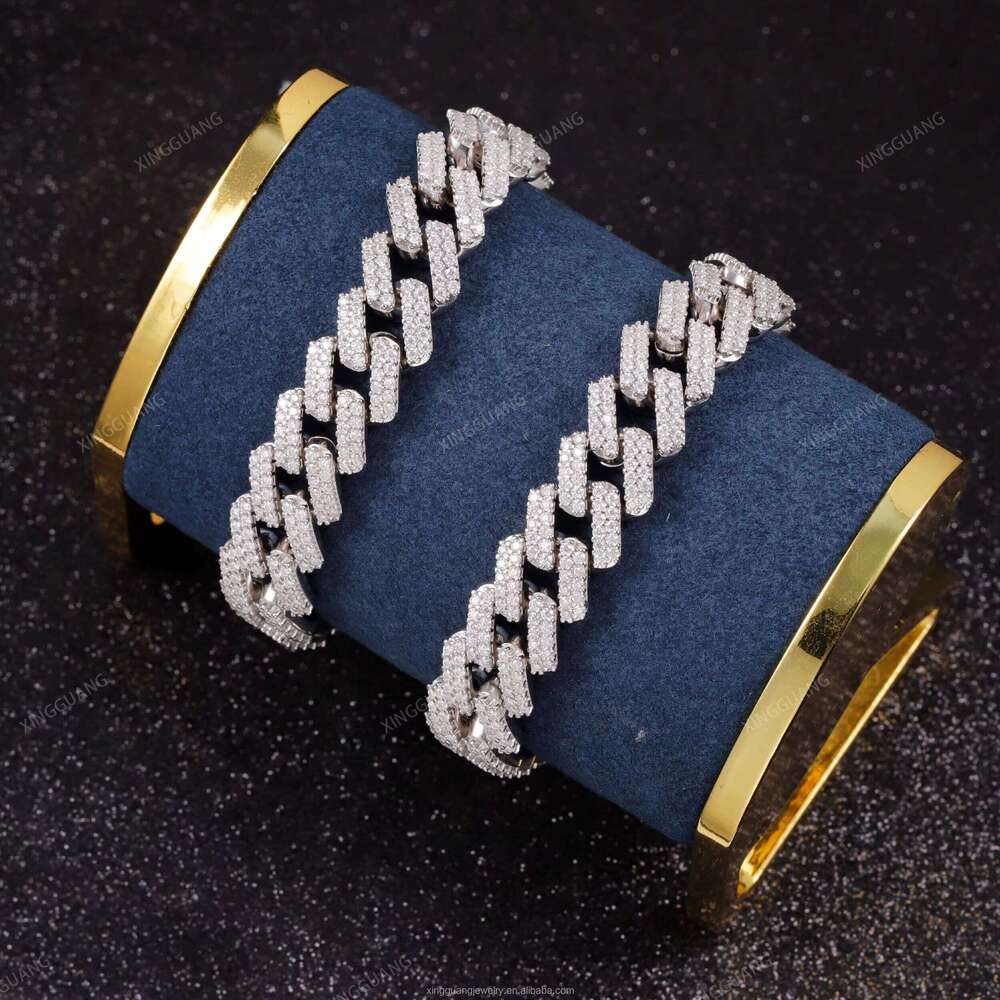 XingGuang Hot Selling Pass Tester Solid Sier 13mm 2Rows Iced Out Hip Hop Moissanite Dia Cuban Link Chain