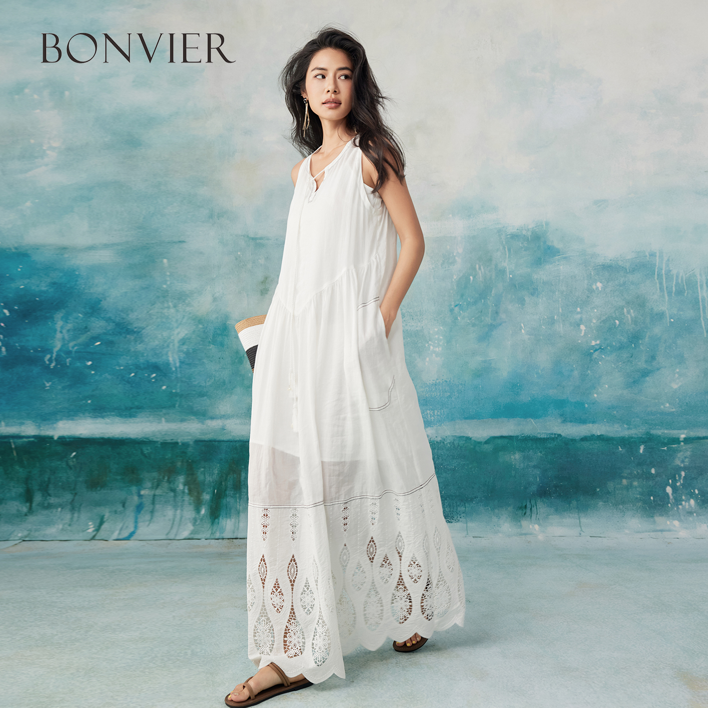 2025 summer new elegant temperament hollow senior long skirt splicing embroidery white dress 6116806